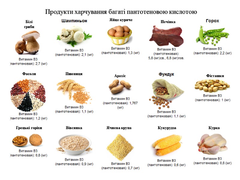 Продукти харчування багаті пантотеновою кислотою  Білі гриби Яйце куряче Печінка  Фасоля 